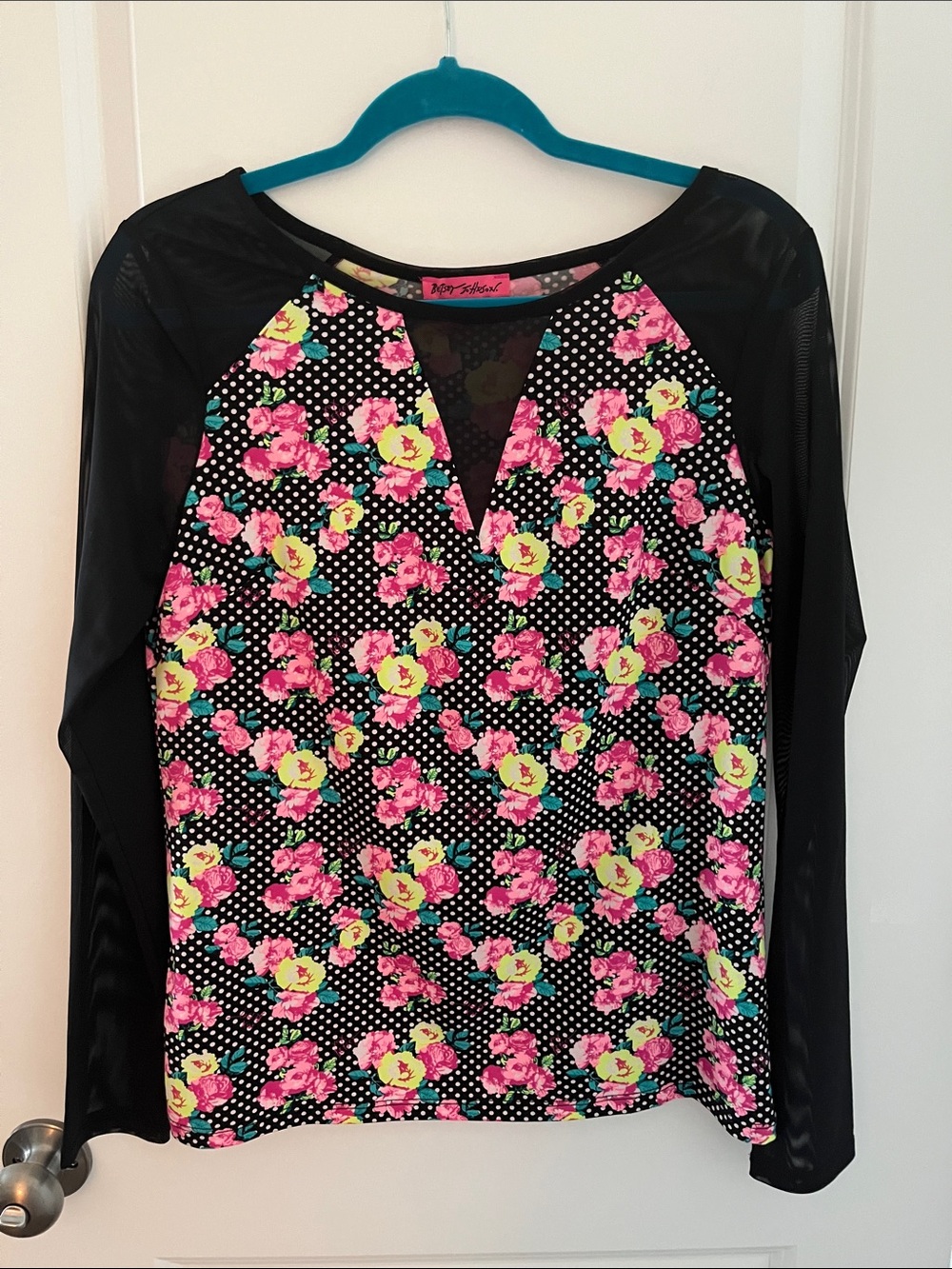 Betsey Johnson Black Floral Mesh Raglan Long Sleeve Top with Pink & Yellow Roses